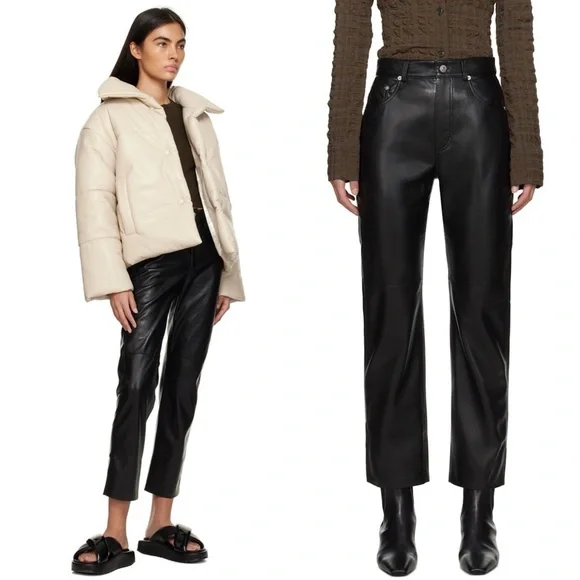 NEW NANUSHKA Vinni 90s High Rise Vegan Faux Leather Straight Leg‎ Ankle Pants L - Picture 4 of 16